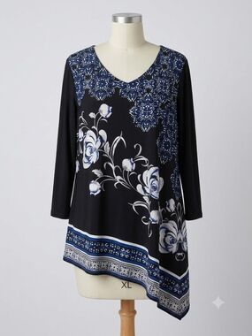 JM Collection Black Tunic Top with Navy & White Floral Print (XL)